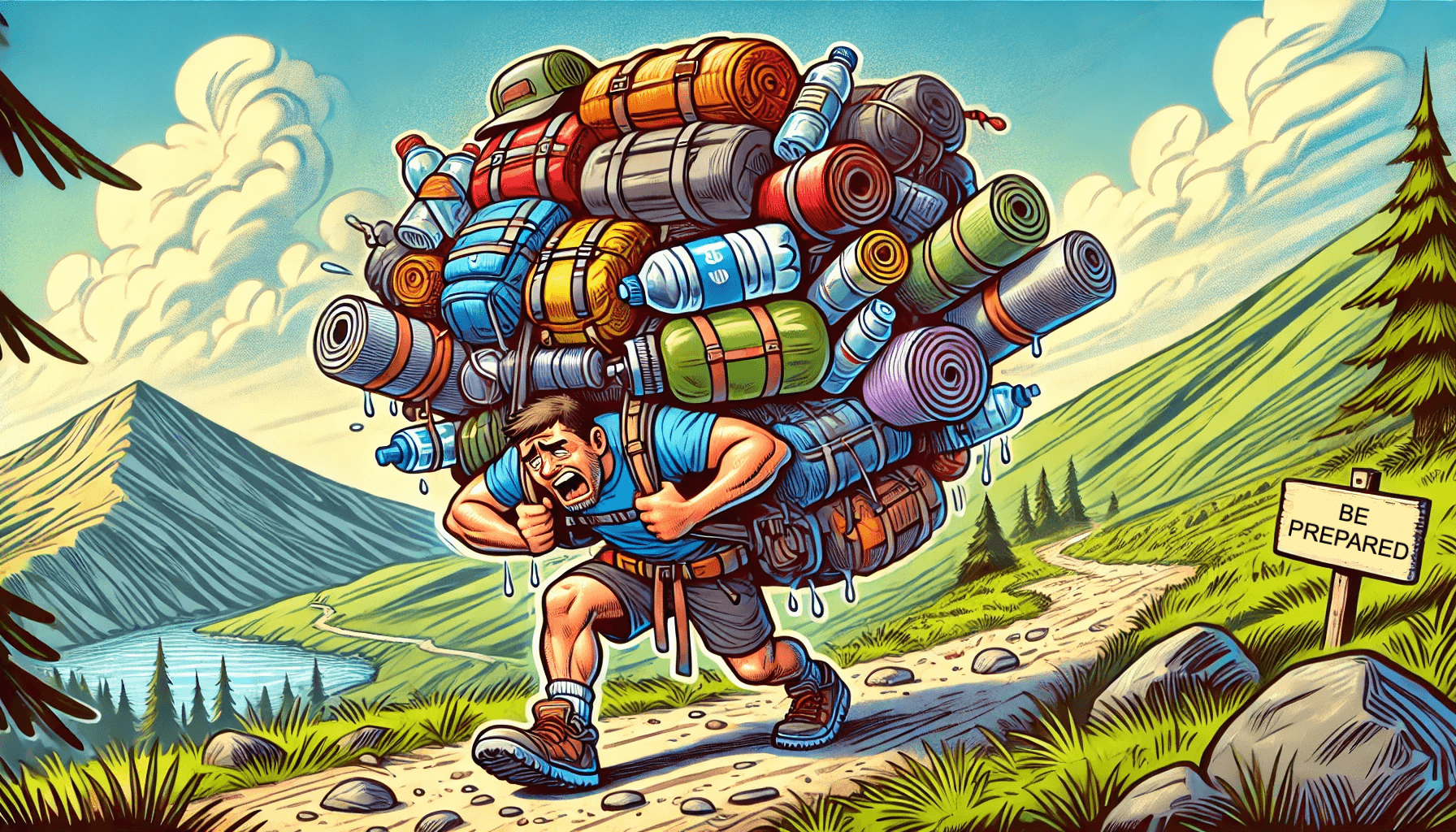 Cartoon hiker struggling to carry an overstuffed backpack on a rugged trail, symbolizing the burden of over-preparation.