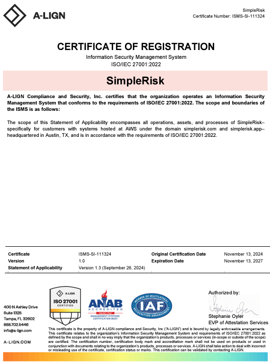 SimpleRisk ISO Certificate