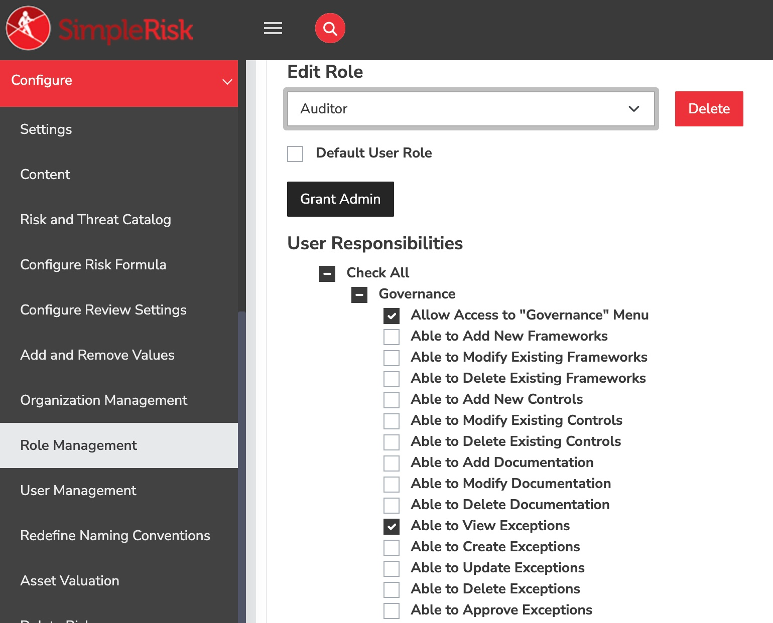 SimpleRisk audit role configuration